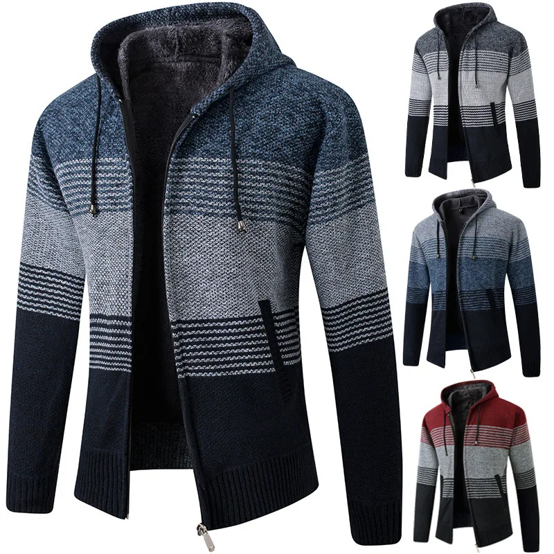 

Autumn Winter Men's Hooded Sweater Jacket Warm Cashmere Casual Wool Zipper Slim Fit Fleece Jacket Men Coat Knitwear Sweater Male