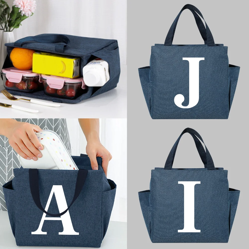 

Functional White Letter Series Lunch Box Portable Insulated Canvas Lunch Bag Thermal Food Picnic Cooler Lunch Bags Women Handbag