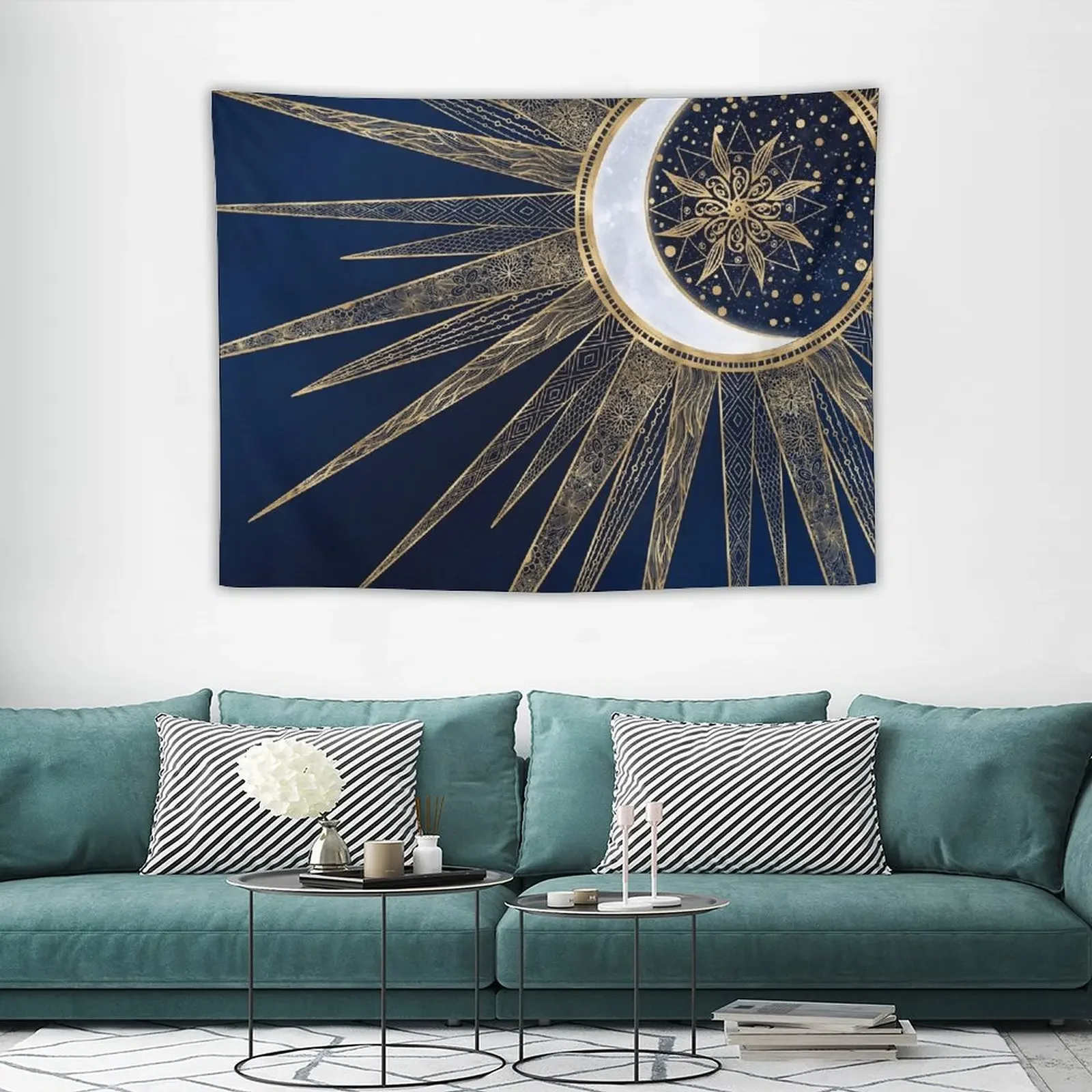 Синее золото Солнце Луна Мандала дудлинг искусство гобелен Декор для дома
