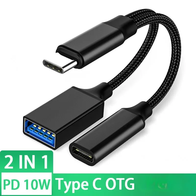 

USB C OTG Cable Phone Adapter 2in1 Type C Male to USB C Female Charging Port with USB Female Splitter Adapter for Samsung Xiaomi