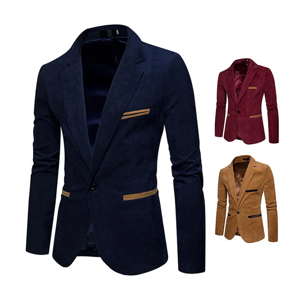 

New Fashion Casual Men Blazer Corduroy Patchwork Mens Business One Button Slim Fit Masculino Male Suits Coat Suit Jacket Top