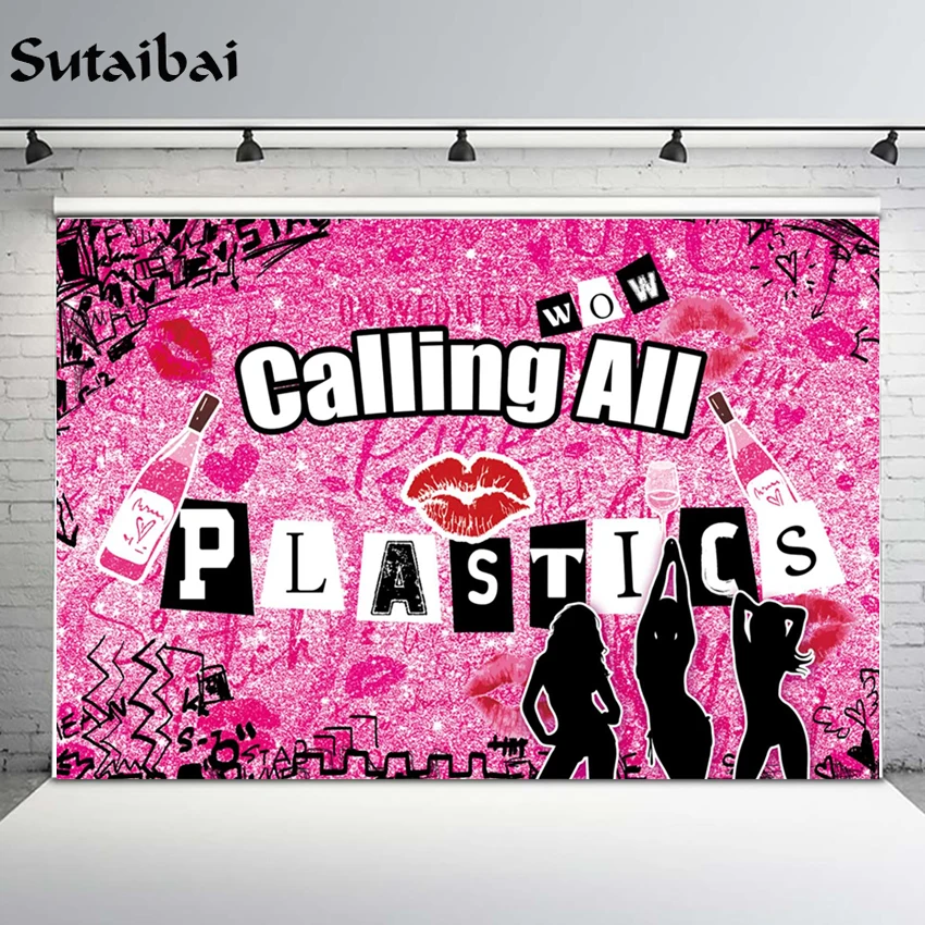 Calling All Plastics Theme Backdrop for Girls 16th 21st Birthday Party Rose Pink Glitter Early 2000s Photography PhotoBooth Prop enlarge