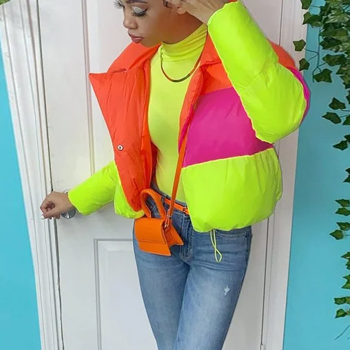 Women's Fresh Rainbow Contrast Short Bread Parkas Winter Zipper Pockets Jacket Women Parka Casual Patchwork Fuffy Female Jackets