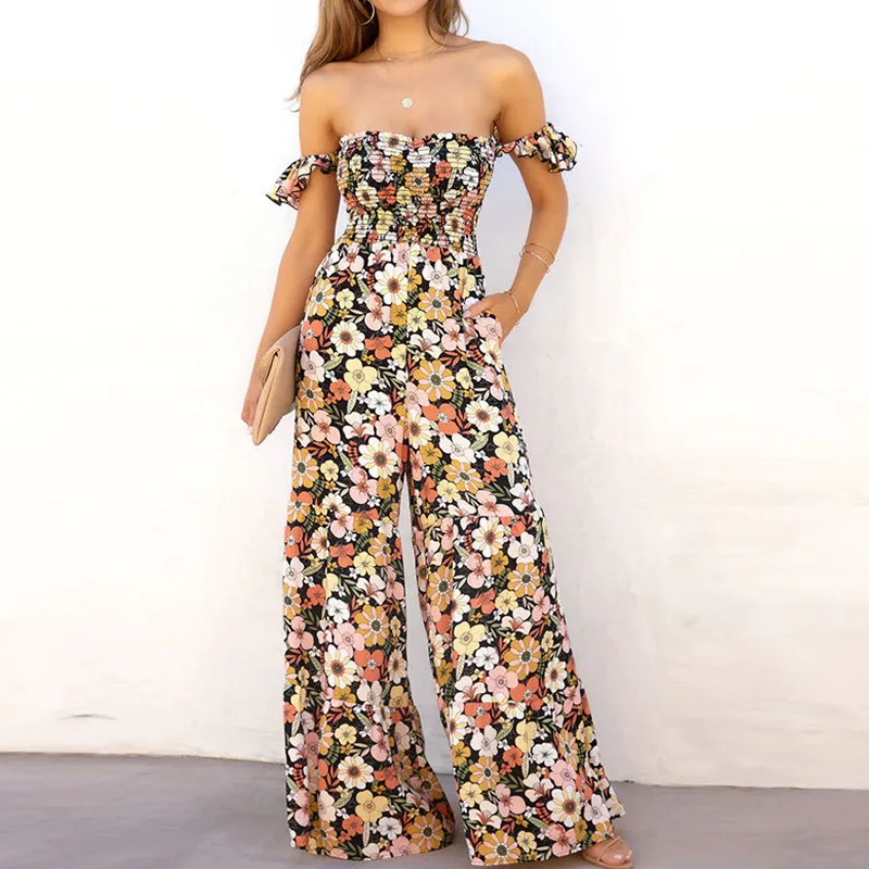 Early Autumn New Sexy One-shoulder Printed Mid-trousers Floral Smocked Pocket Jumpsuit Elegant Women Strapless Loose Jumpsuits