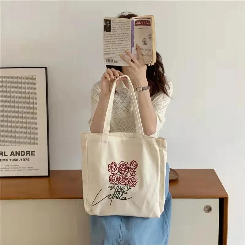 

2022 Women Canvas Shoulder Bag Rose Printing Ladies Casual Handbag Tote Bag Large Capacity Cotton Reusable Shopping Beach Bag