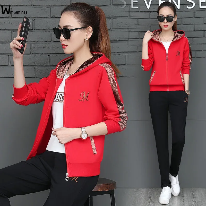 

3 Piece Set Women Outfits Big Size 4XL Velvet Spliced Zipper Hoodies Letter Embroidery Coat+Short Sleeve T-shirt+Pant Sweatsuit