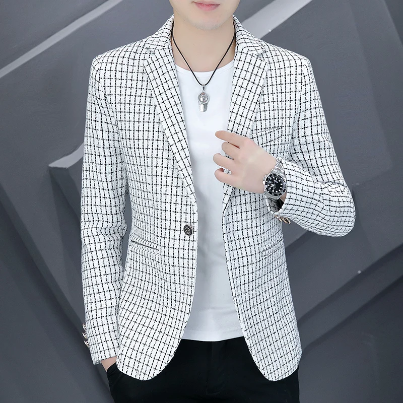

2023 Spring Plaid Blazers Men Slim Fit Casual Business Suit Jacket Fashion Wedding Groom Social Dress Coat Blazer Masculino