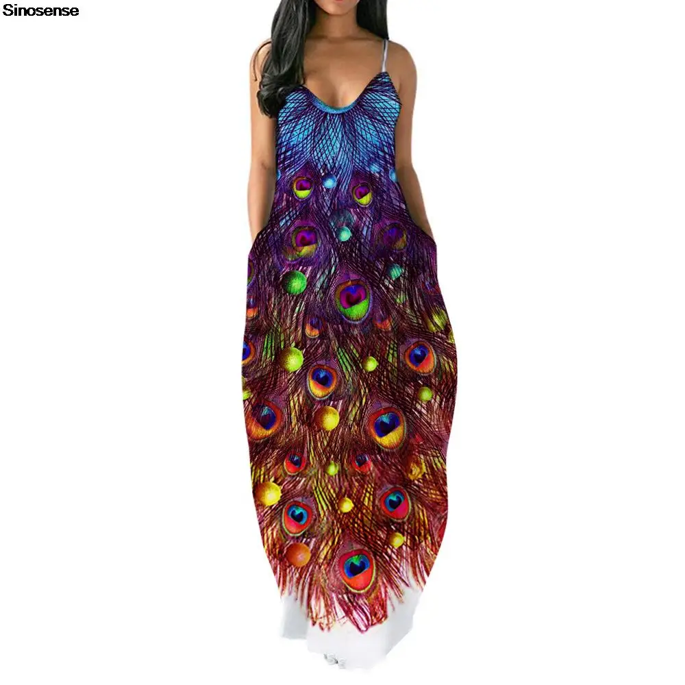 

Womens Casual Maxi Dresses Summer Boho Vintage Peacock Feather Printed Spaghetti Strap Dress Loose Long Sundress With Pocket