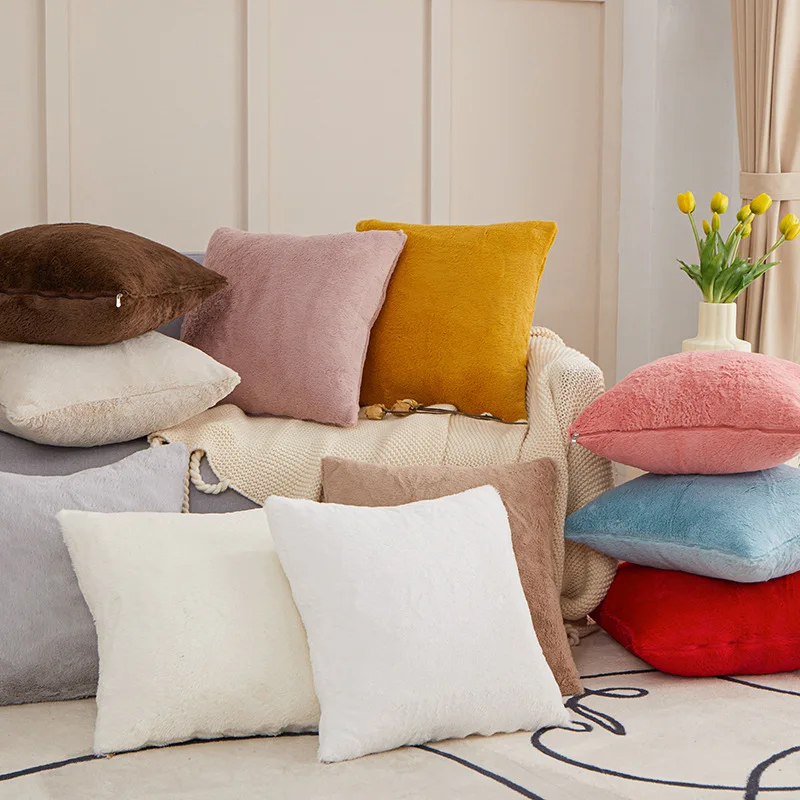 

Plush Solid Color Pillowcase Cushion Cover 45*45cm Home Decoration Car Decor Rabbit Fur Pillowslip Pillow Cover Soft Modern New