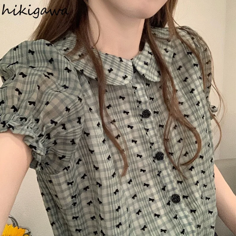 Женская шифоновая блузка с рукавами-фонариками и круглым вырезом