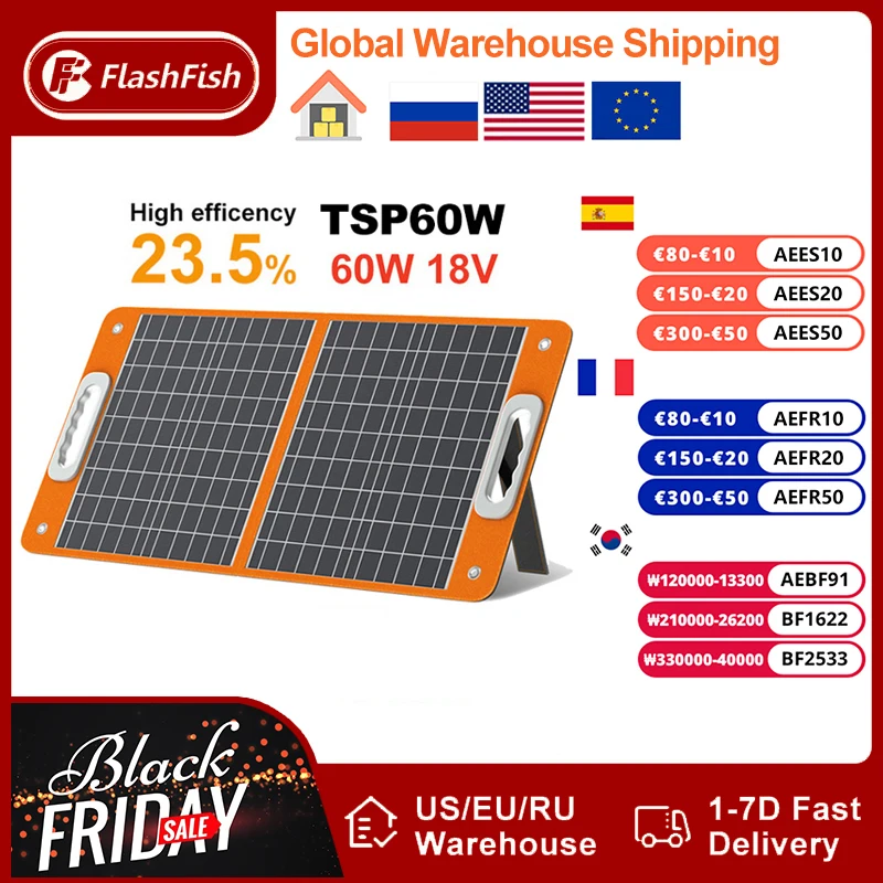 

Foldable Solar Panel Flashfish 18V 60W 100W Portable Solar Charger with DC Output USB-C QC3.0 for Phones Tablets Camping Van RV