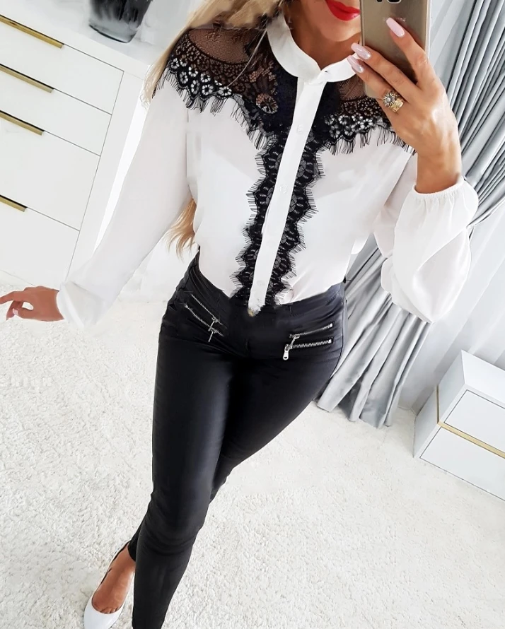 

Eyelash Lace Patch Buttoned Long Sleeve Top Round Neck Blouse Tops Fashion Black Lace Transparent Flower Bubble Sleeve Pullover