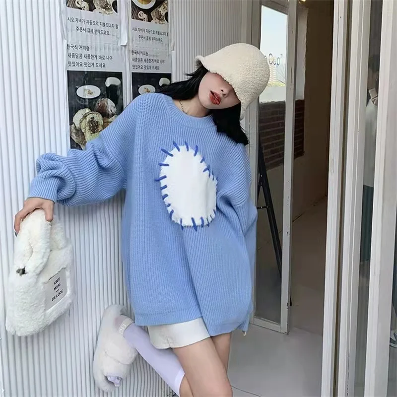 

Autumn And Winter Korean Version Love Sweater Female Coat Loose Languid Lazy Wind Show Thin Round Collar Embroidery Knitwear Top