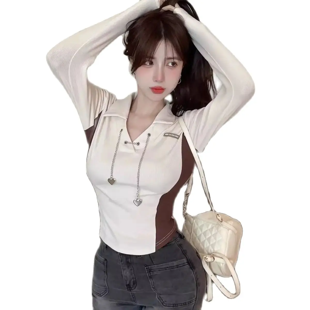 Рубашка-поло с V-образным вырезом и длинными рукавами Новинка осени 2024 Милая