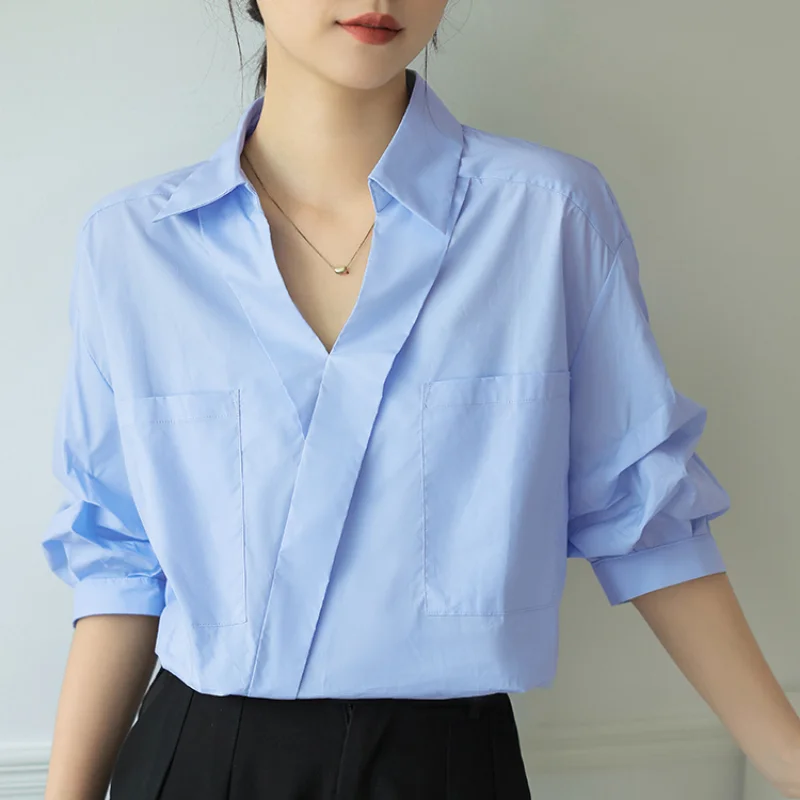 

New Fashion V-neck Cotton White Office Shirt Summer Thin Short Sleeve Blouse Women Casual Loose Shirt Chic Solid Lady Tops 27509