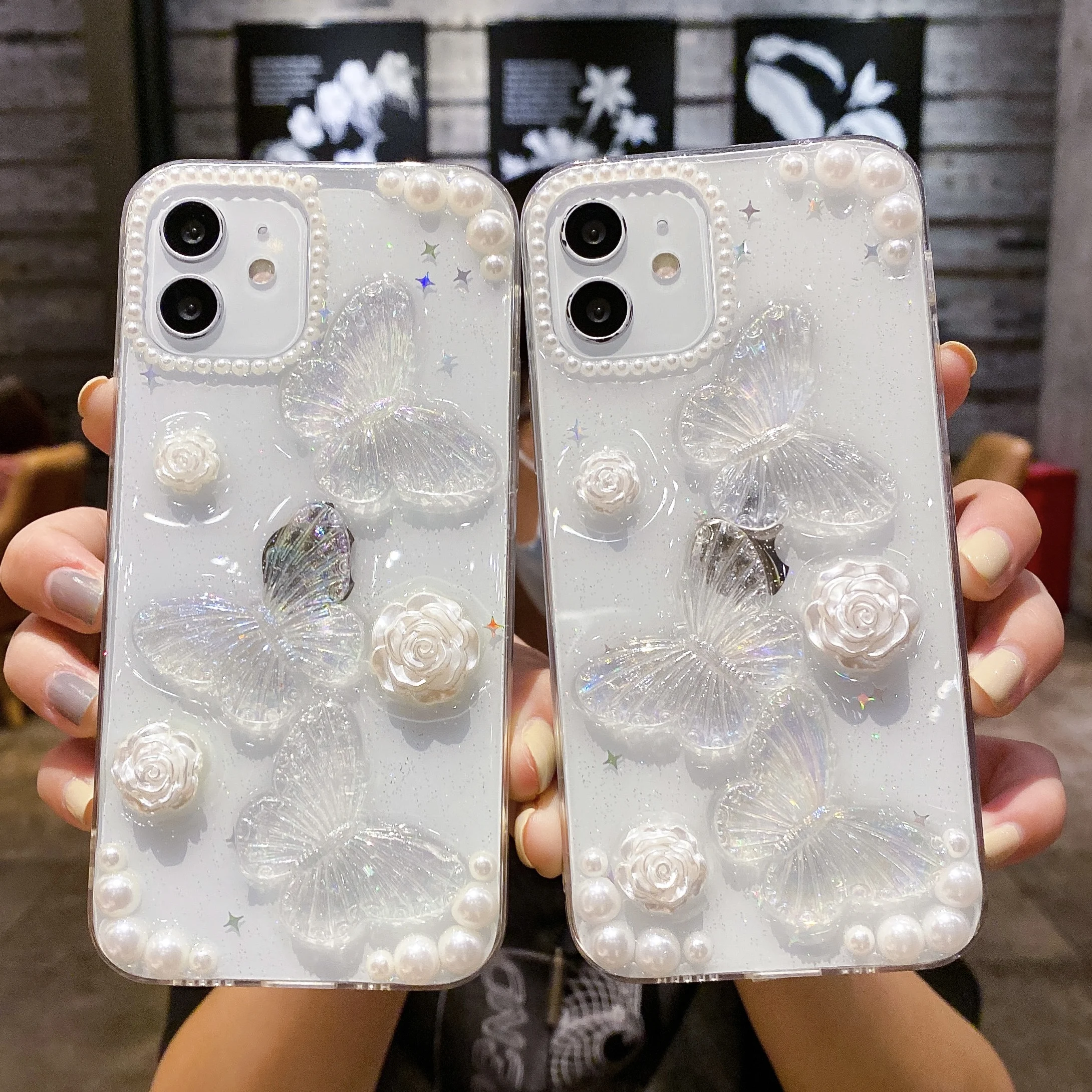 

Стерео Волшебная бабочка белая роза жемчужина Модный женский чехол для iphone 11 12 13 mini Pro Max XS XR SE 8 7 6 Plus Прозрачный s