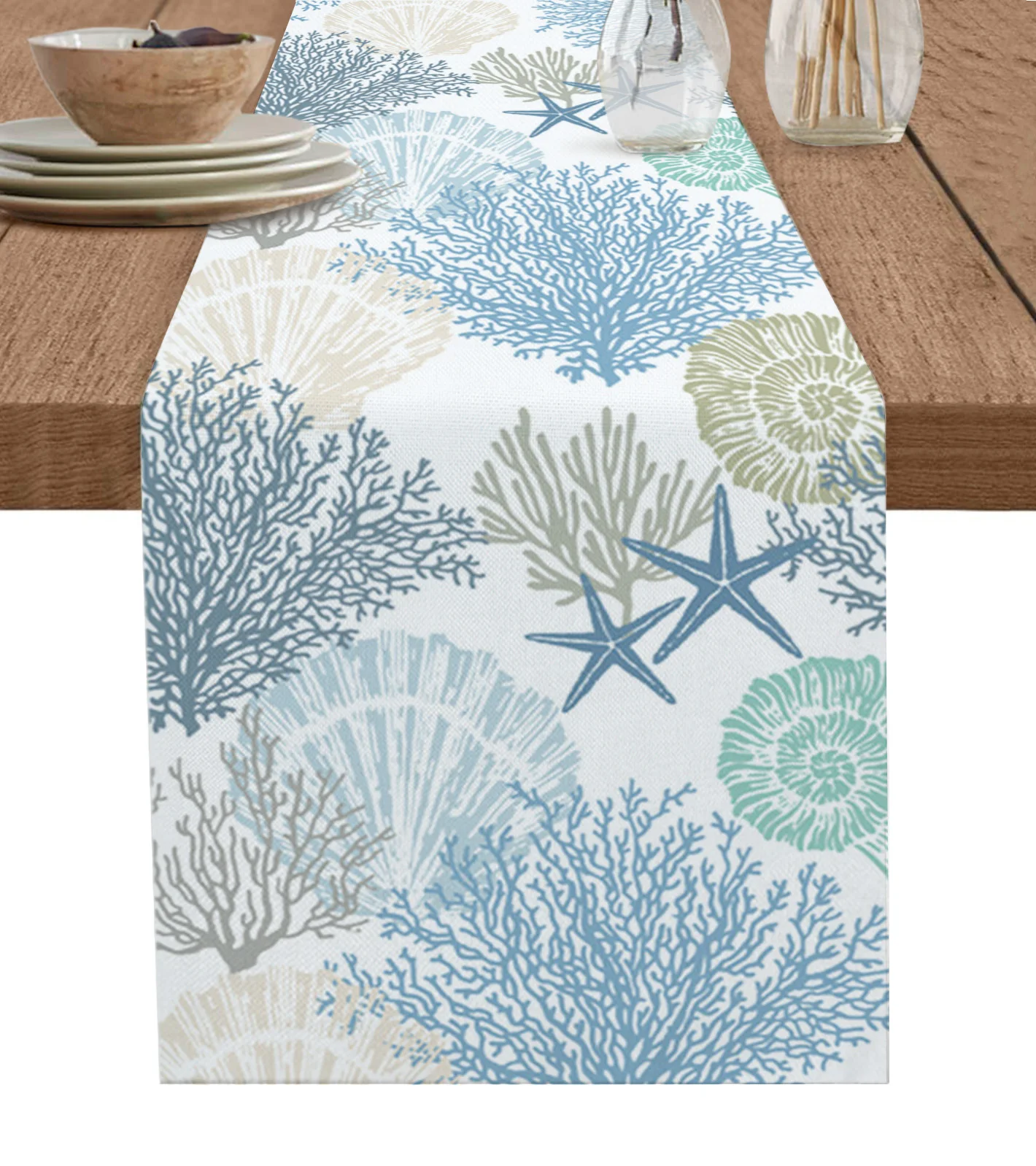 

Blue Marine Coral Shells Starfish Table Runner Cotton Linen Wedding Dining Table Cover Cloth Home Kitchen Decoration Placemat