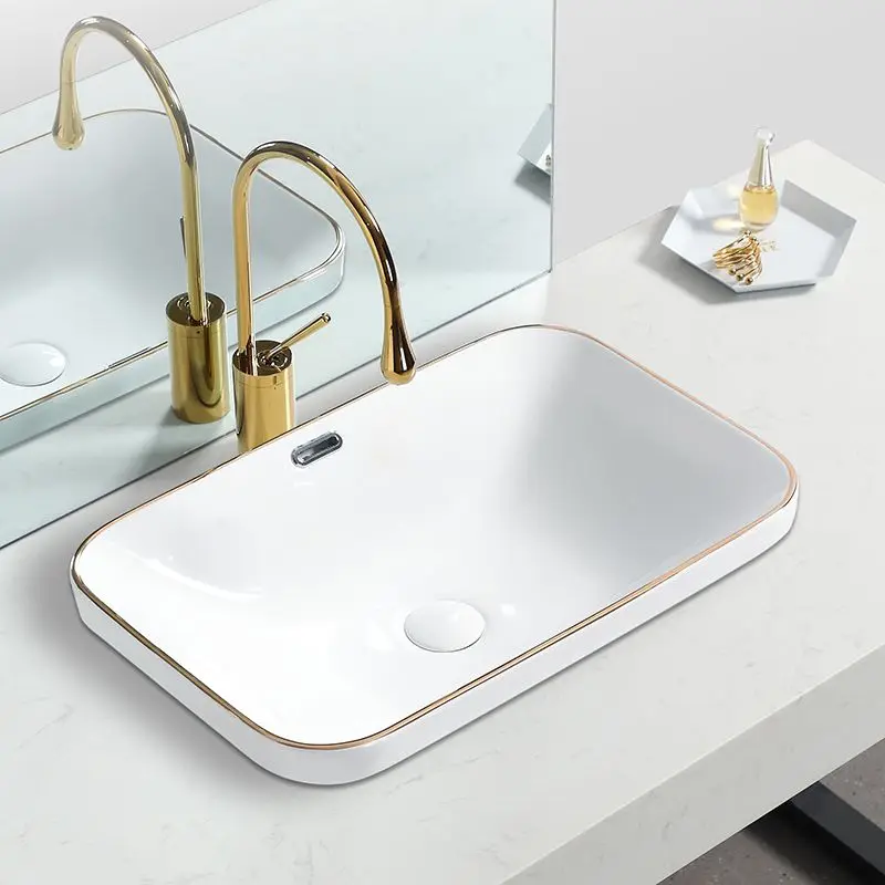 

Белые керамические раковины для ванной комнаты 5 размеров, Современные мойки с золотистыми краями, простые встраиваемые раковины, квадратная раковина