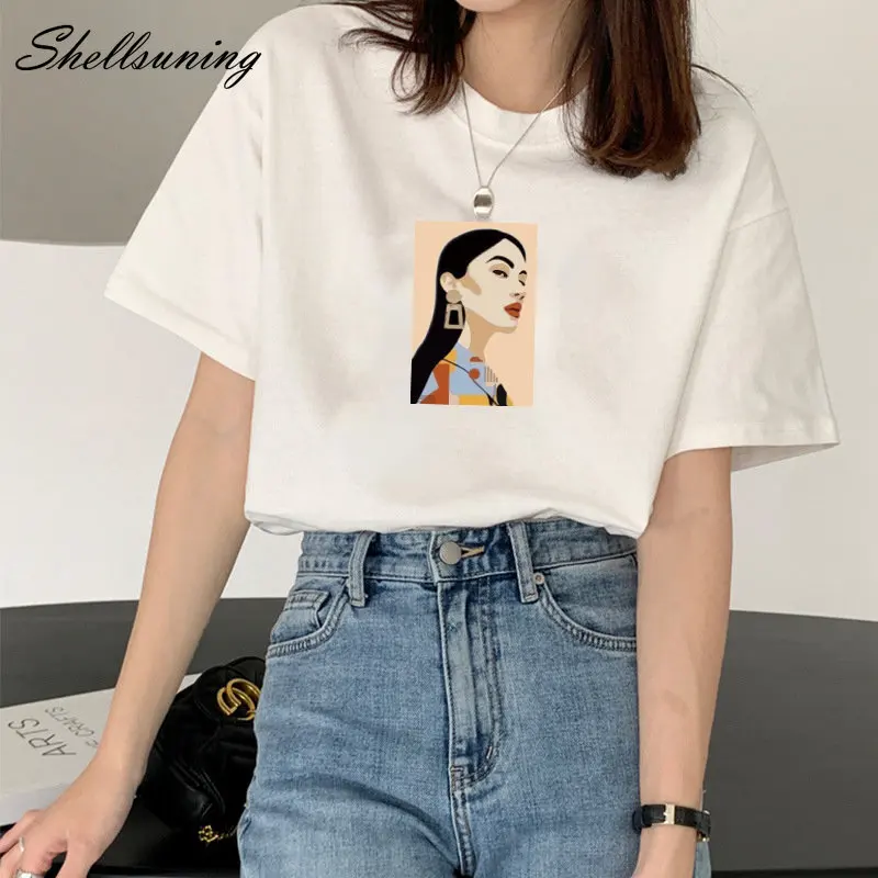 

Shellsuning Loose Abstract Printed T Shirt Women Summer Casual Lazy Oaf Short Sleeve Cotton Tees Female Trendy Streetwear Tops
