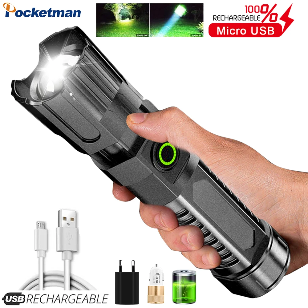 

Super Bright T6 LED Flashlight 3 Switch Modes USB Rechargeable Flashlights Waterproof Torch Zoomable Torches with Battery