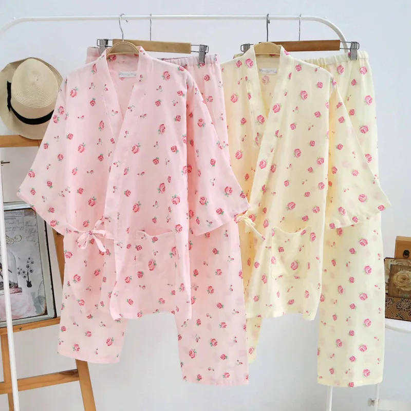 Japanese Kimono Women Traditional Japanese Yukata Robe and Pants Double Layered Cotton Gauze Pajamas Set
