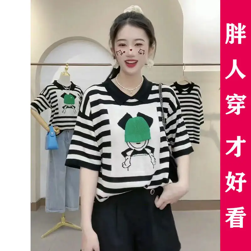

Knitted Striped T-shirt Ins Style Salt Summer Top Plump Girls Half Sleeve Women's Loose Top