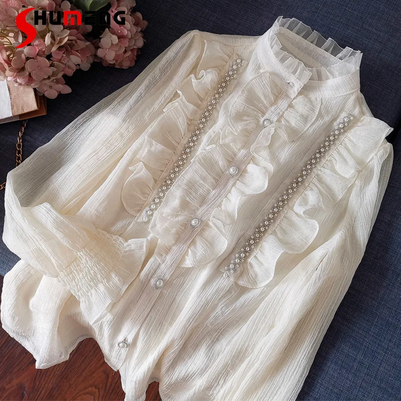 

Women's Fashion Long Sleeve Stand Collar Beige Ruffle Beaded Shirt 2022 Autumn New Elegant Button Up White Lace Shirt for Women