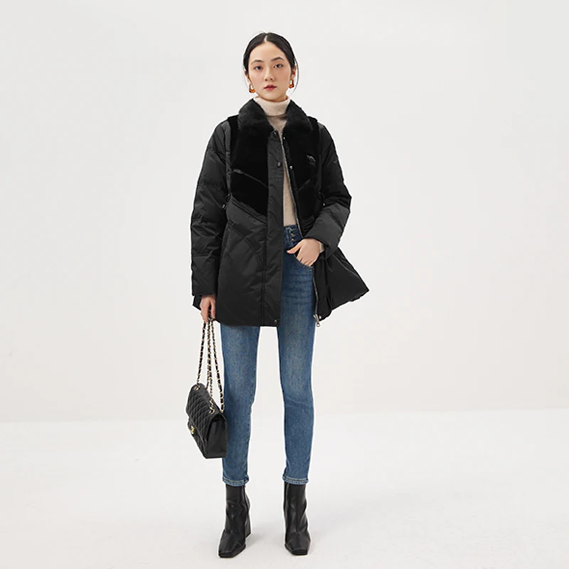 Design 95% White Goose Down Winter Jacket Women Casaco Feminino Luxury  Zipper  Wide-waisted  Spliced Mink Wool Coats