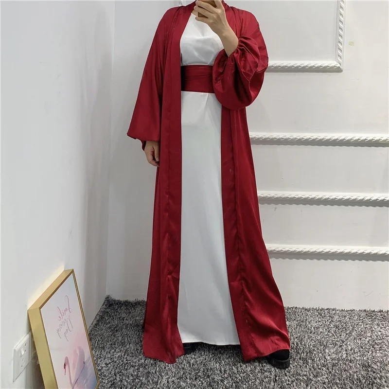 

Muslim Fashion Kimono Abaya Front Open for Women Ballon Sleeve Satin Fabric Modest Burka Belted Hijab Robe Islam Dubai Clothes