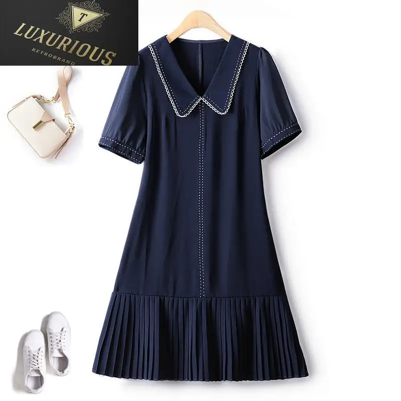 

New Summer Peter Pan Collar Pinched Pleated Hem Bright Line Decoration Drape Thin Short Sleeve Commuter Solid Women Dresses 4XL