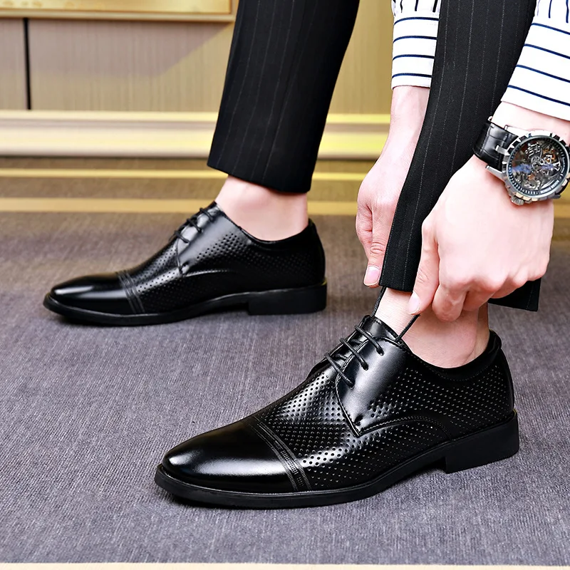 

100% Genuine Leather Shoes Men Oxfords Brand Male Business Shoes Breathable Holes Cow Leather Mens Casual Shoes Black KA4699