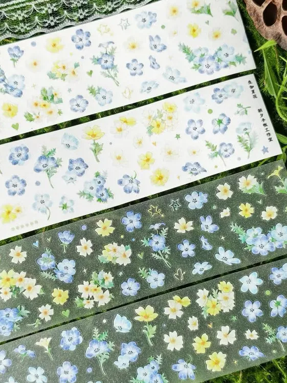 Фото Лента Washi PET 3.25, 1 рулон, с дизайном «Летние цветы» и «Звездное небо», пленка PET, ножницы для резки пленки, сине-желтые цветы «День и ночь» №2