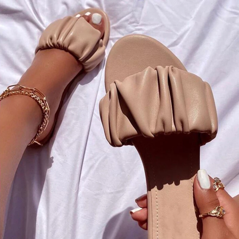 

2022 Women Pleated Slippers Woman Outdoor Summer Shoes Women's Casual Open Toe Flat Lady Beach Footwear Female Slides Plus Size