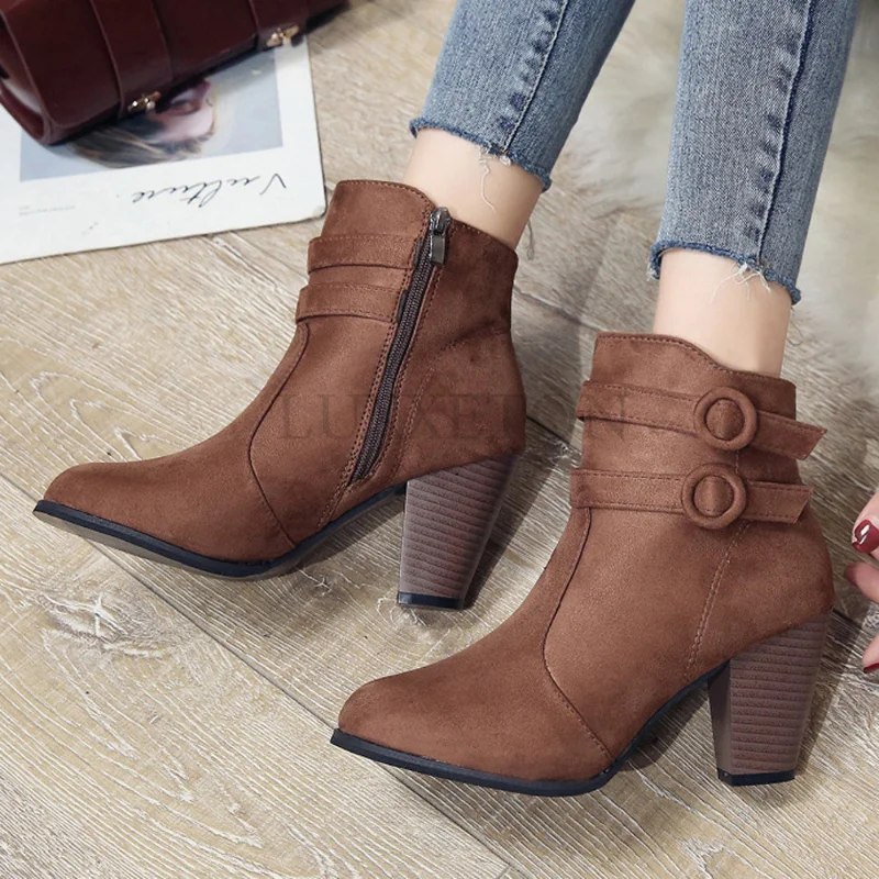 

Women Winter Boots Belt Buckle Coarse Heel Short Zipper Red Low Top Ankle High Autumn 2022 New Arrivals Shoes