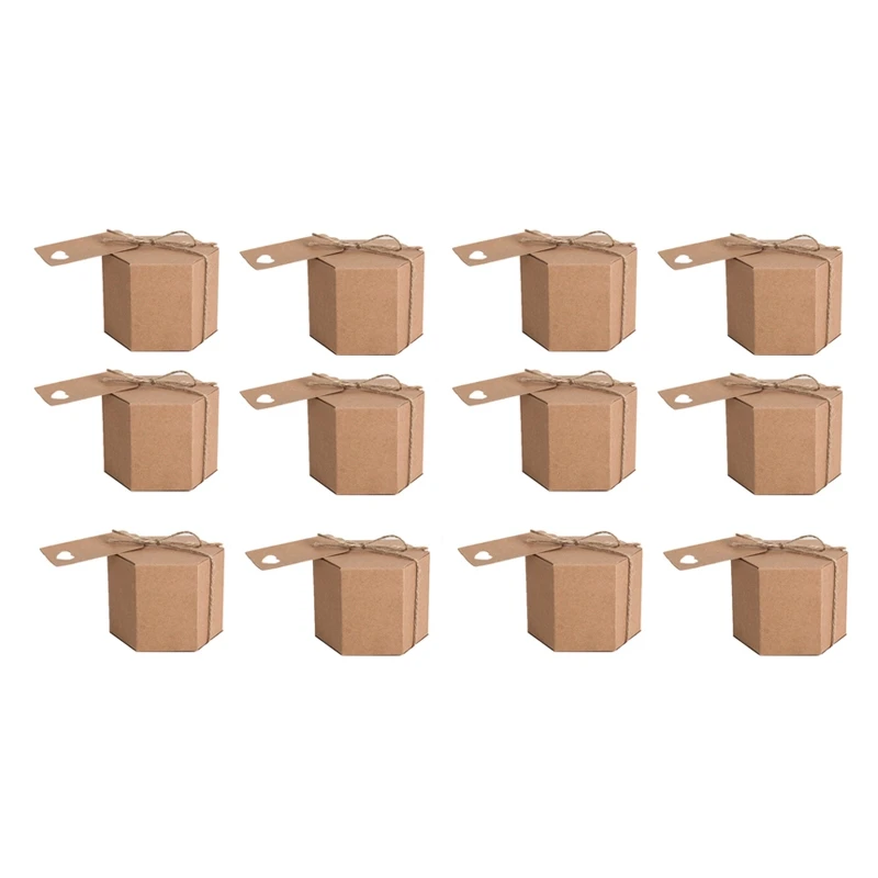 

New-100Pcs Kraft Paper Candy Box, Hexagonal Carton Candy Box Gift Box, With Twine And Tag, Wedding Party Supplies