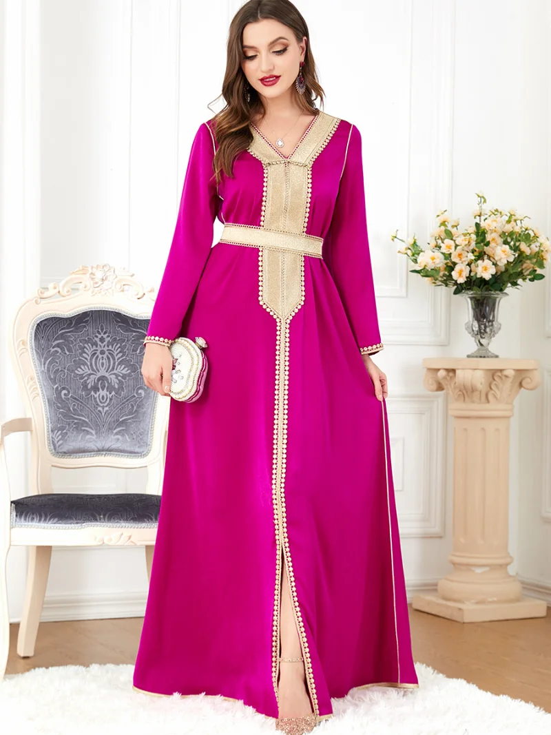 Jalabiyat Ramadan Elegant V-Neck Lace Tape Panel Belted Dress Moroccan Kaftan Robe Dubai Abaya Luxury For Muslim Women