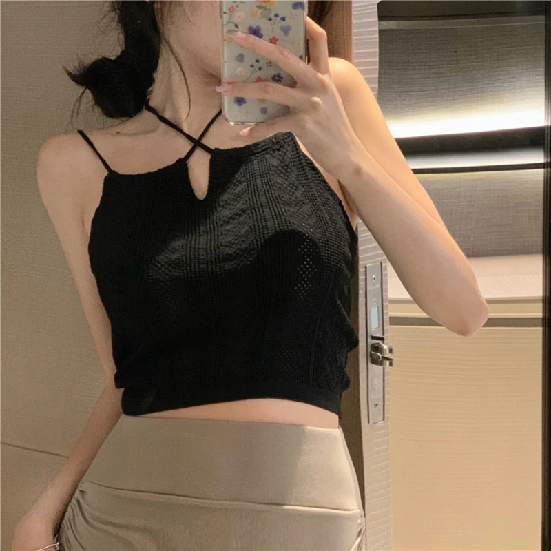 

New Fashion Top Solid Colour Halter Sweet Slim Tank Tops Women Summer Sexy Exposed Navel Knitted Camisole