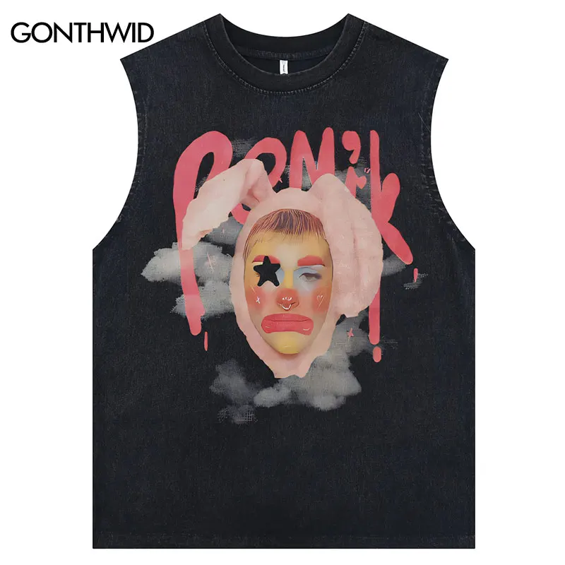 Мужская винтажная футболка без рукавов черная оверсайз с графическим принтом