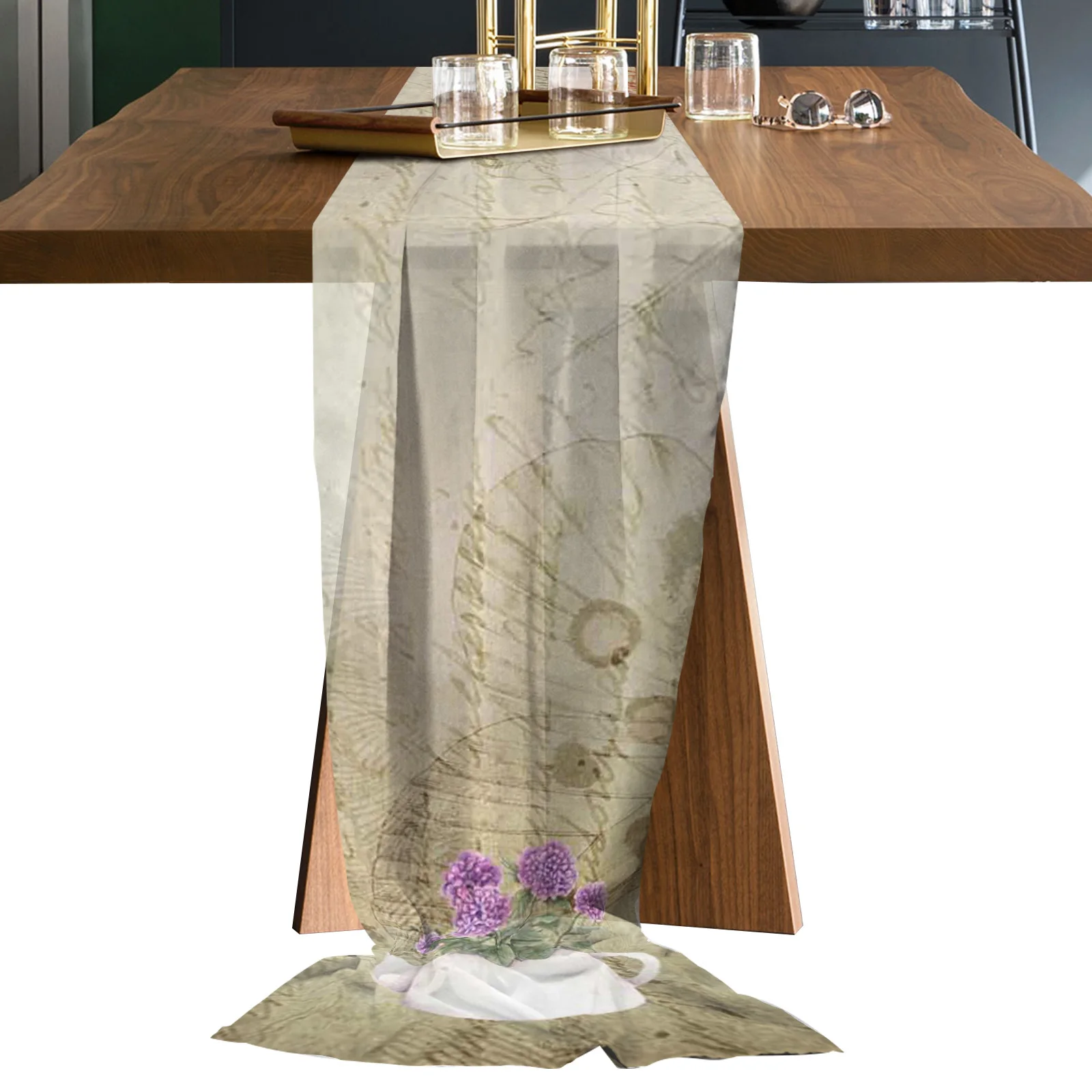 

Purple Flower Retro Sheer Chiffon Table Runners Rustic Gauze Dining Tablecloth Wedding Table Decor Gauze Table Runner