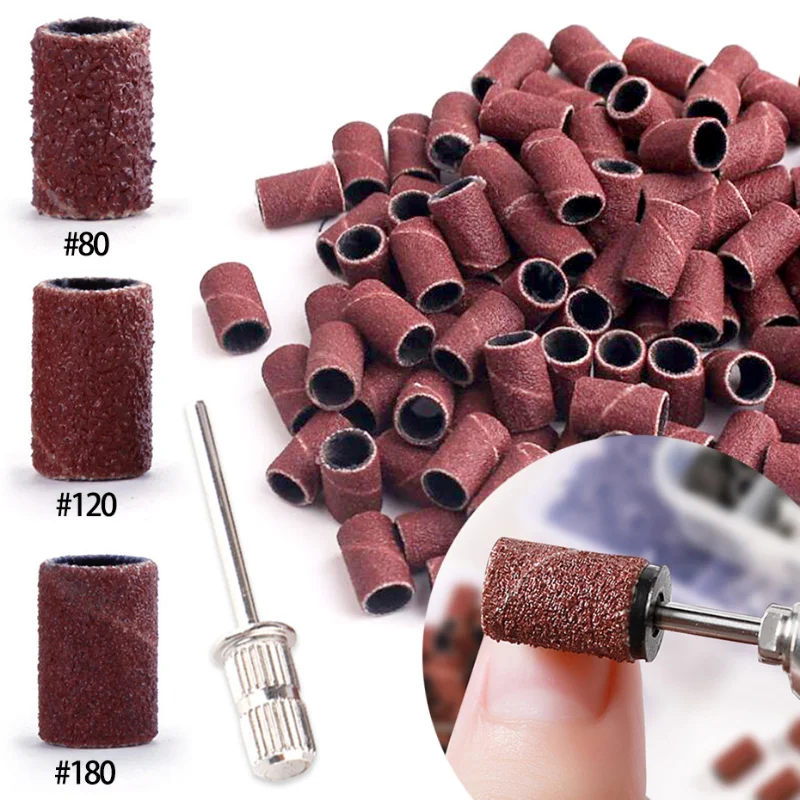 

100/50pc Sanding Cap Bands For Electric Manicure Machine 180/120/80 Grit Nail Drill Grinding Bit Files Pedicure Tool Set