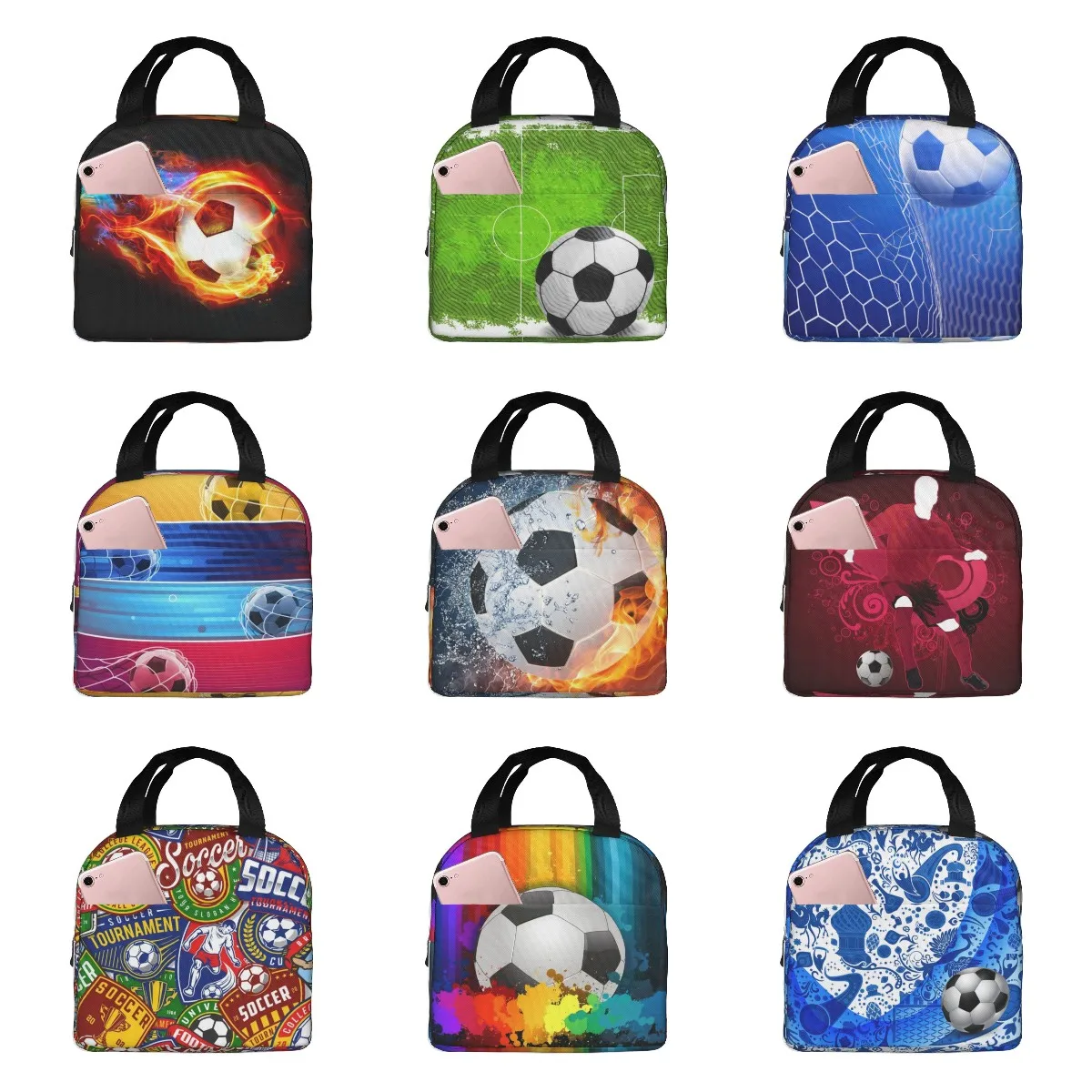 Soccer Soccer Ball Flames Thermal Insulated Lunch Bag Men Football Sport Portable Lunch Tote for School Travel Storage Food Box