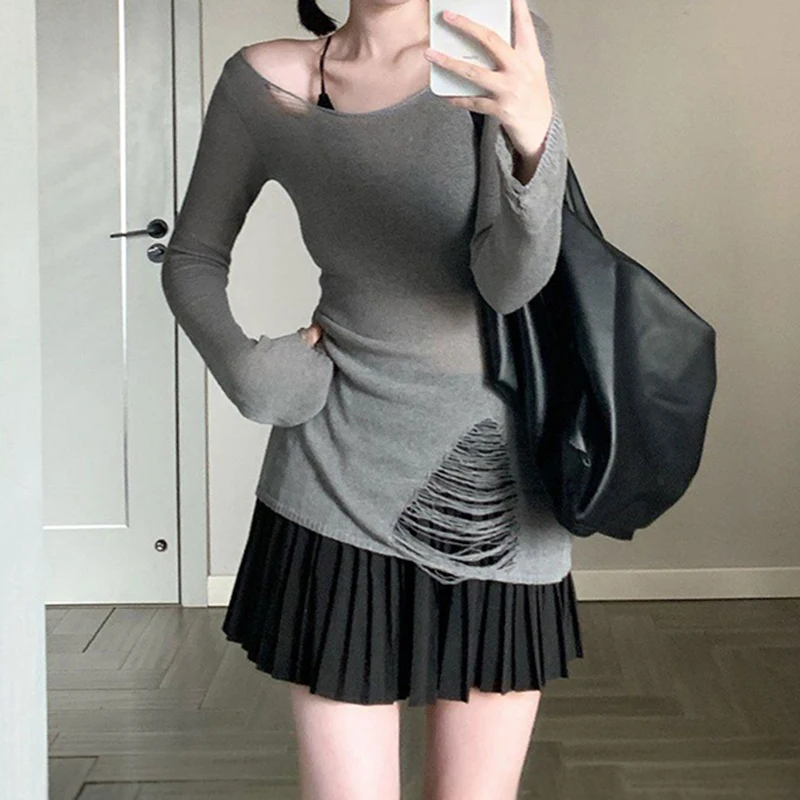 Harajuku гранж вязаные топы рваные с открытыми плечами футболки винтажный пуловер