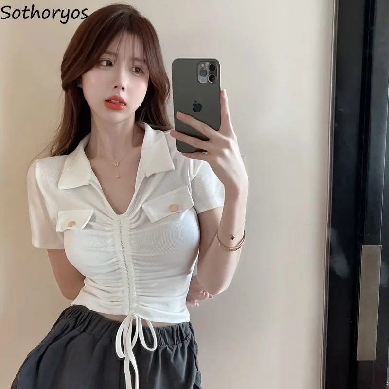 

T-shirts Women Folds Creativity Popular Sexy Ladies Daily Simple Streetwear All-match Korean Style Hotsweet Delicate Stylish New