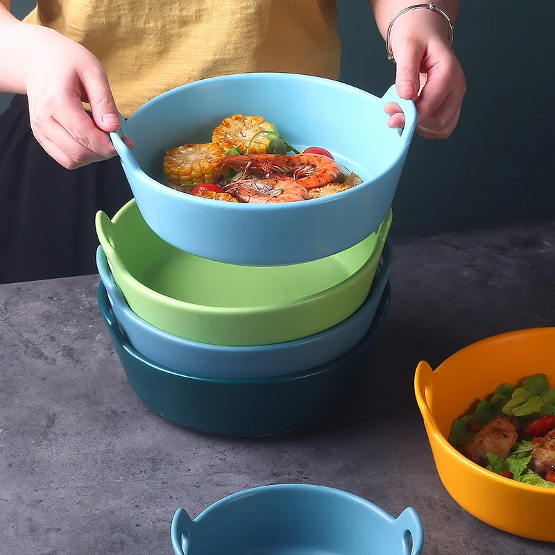 

1Pc Household Light Luxury Matte Tableware 7 inch/ 8 " Solid Ceramic Soup Plate Double Handle Fruit Salad Plates Serving Plate