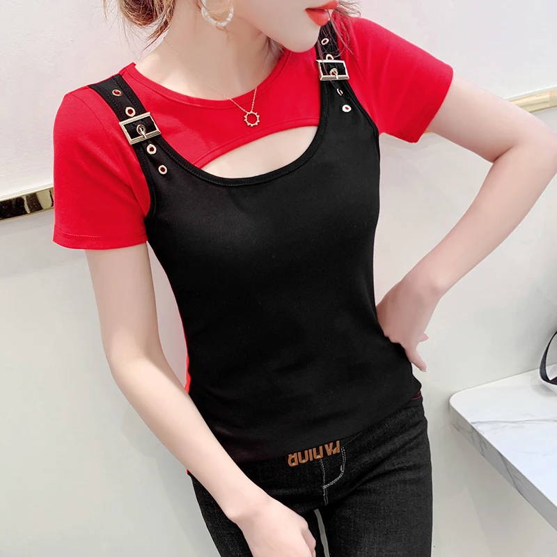 

Summer Korean Style Casual T-Shirt Fashion Button Sexy Hollow Out Color Blocking Women's Tops Short Sleeve 2022 Hot Tees 9041