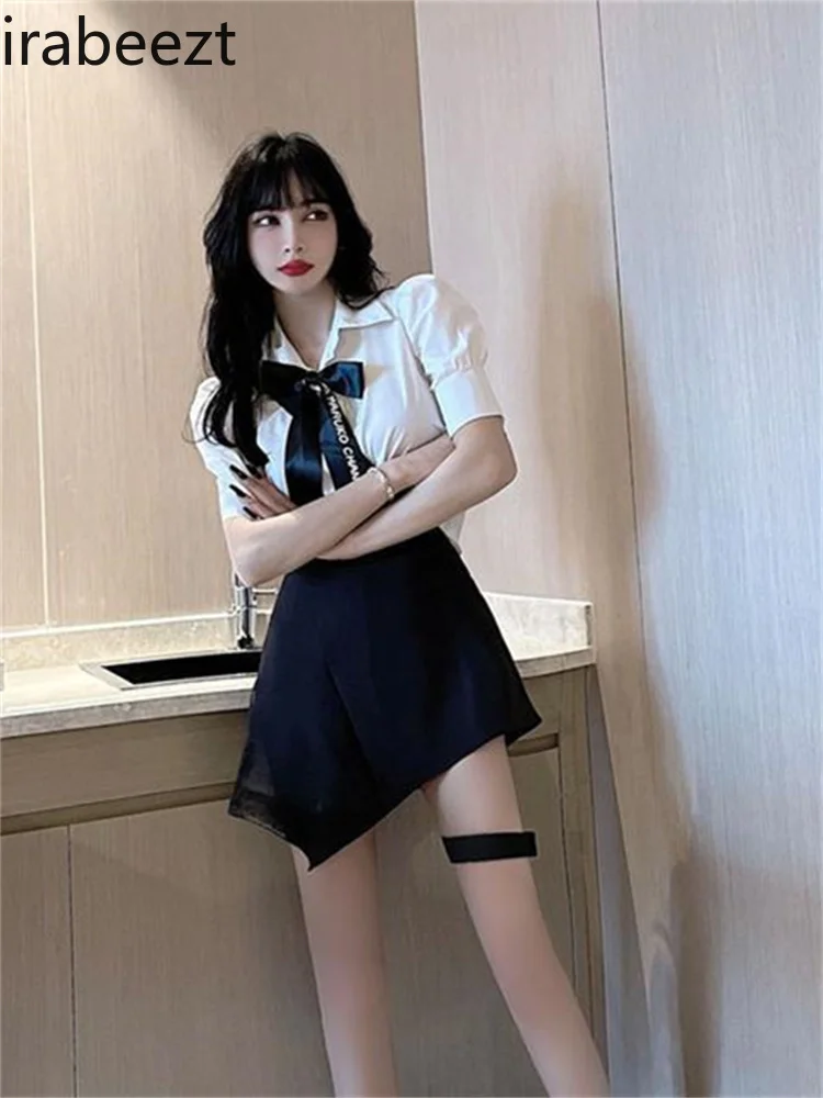

Irabeezt Irregular Short Skirt Suits Women 2022 Summer New Korean Fashion Bow Polo Neck Top + High Waist Skirt Two-piece Trend