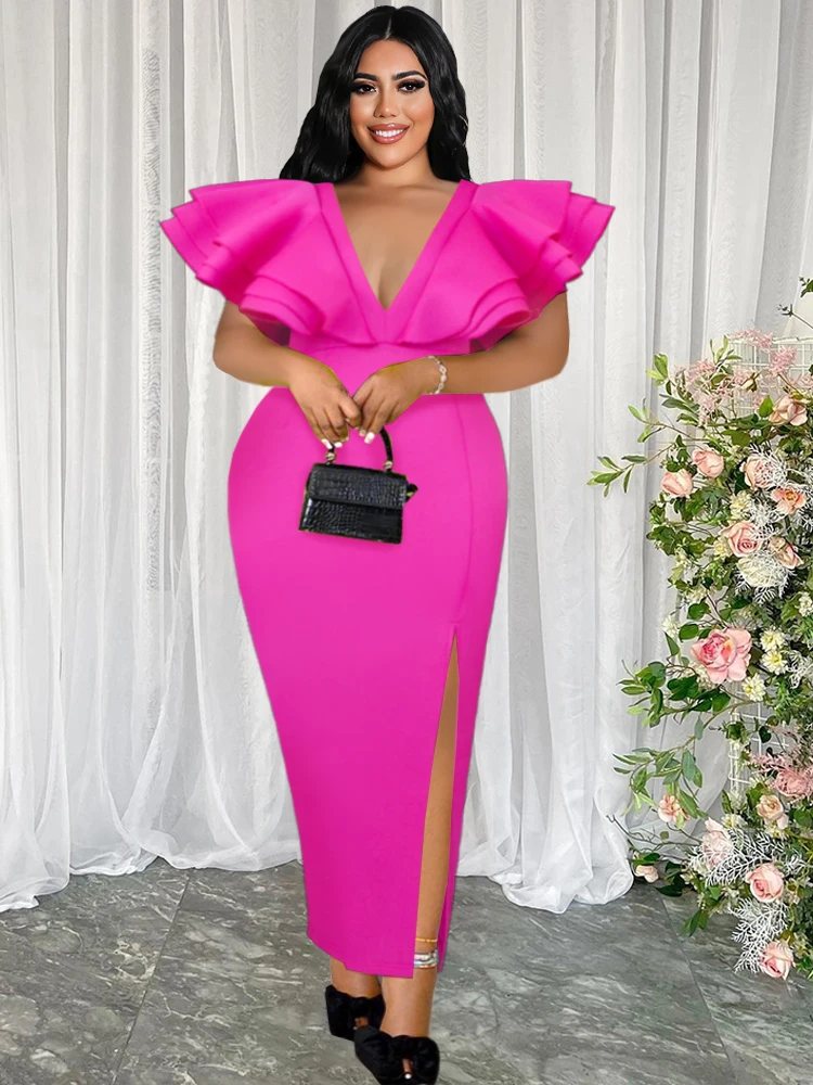 Plus Size Long Sexy Party Dresses Women Ruffles Sleeves Deep V Neck Maxi Evening Robe Event Occasion Club Birthday Christmas 4XL