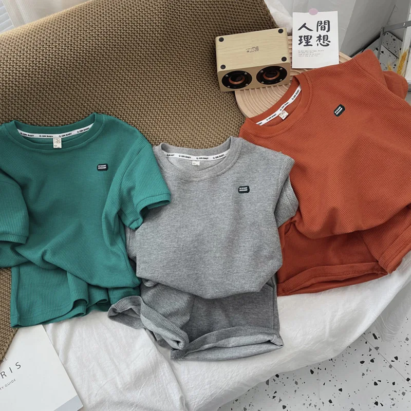 

Children Clothes For Boy Toddler Girl Cotton Waffle Pure Color Short Sleeves Tops+shorts Set Baby Unisex Casual T-shirts Suits
