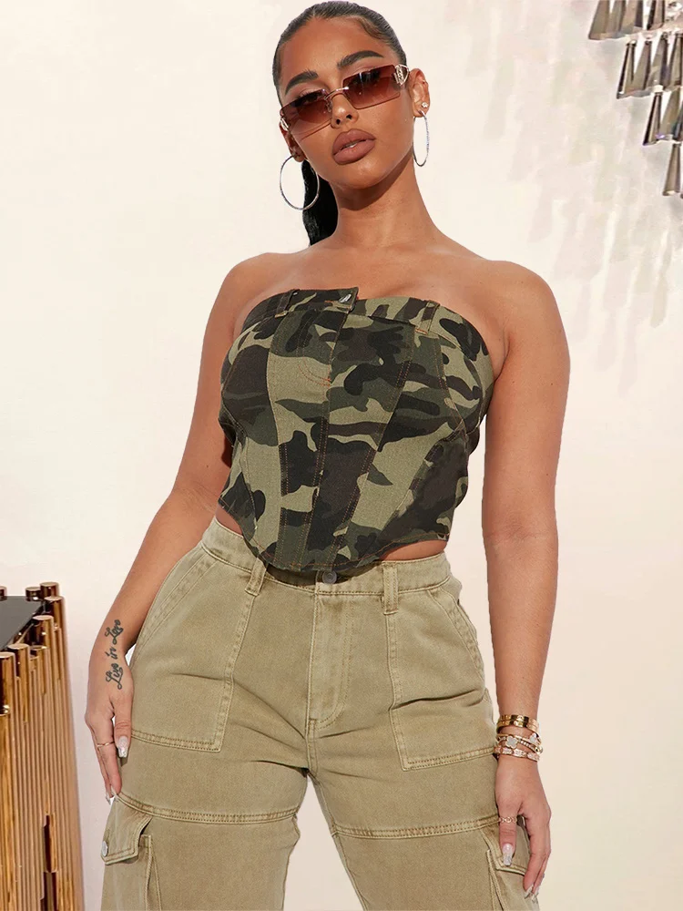 

2023 Retro ins Spring/Summer New Camo Zipper Wrap Top for Women