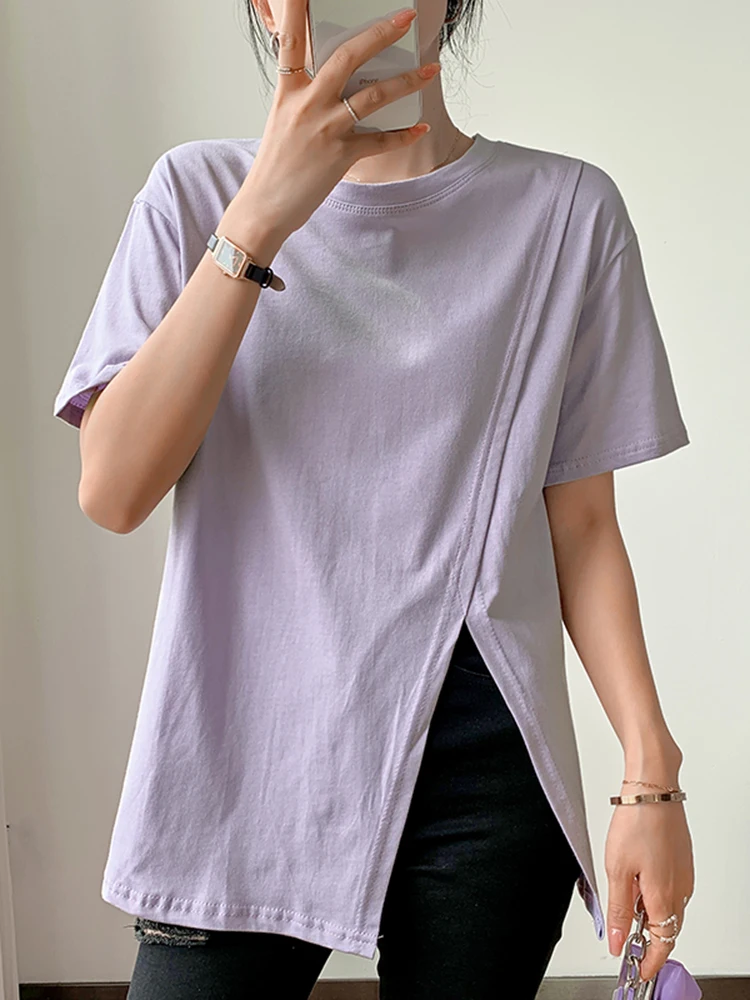 

T Shirt Summer Short Sleeve Irregular split Women Top White Purple Shirt Cotton Korean Tshirt Women Clothes black Yellow